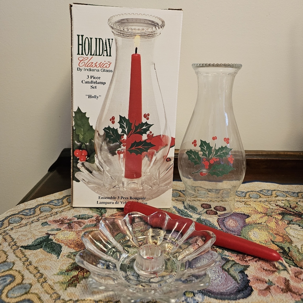 Vintage Indiana Glass Holiday Classics 3-Piece Candle Lamp Winter Christmas - Picture 6 of 9